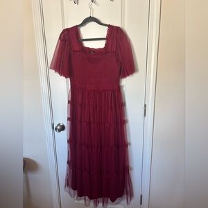 EUC Pink Blush Maternity Smocked Square Neck Dress in Burgundy Swiss Dot Tulle